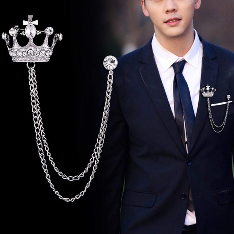 Shuxy 2PCS Men's Crown Hanging Chain Brooch with Stone Detailing, Engraving, Metal Crystal, Suit Stud Lapel Pin, Vintage Rhinestone Breastpin Wedding Brooch Pin, Gold and Silver - Image 5